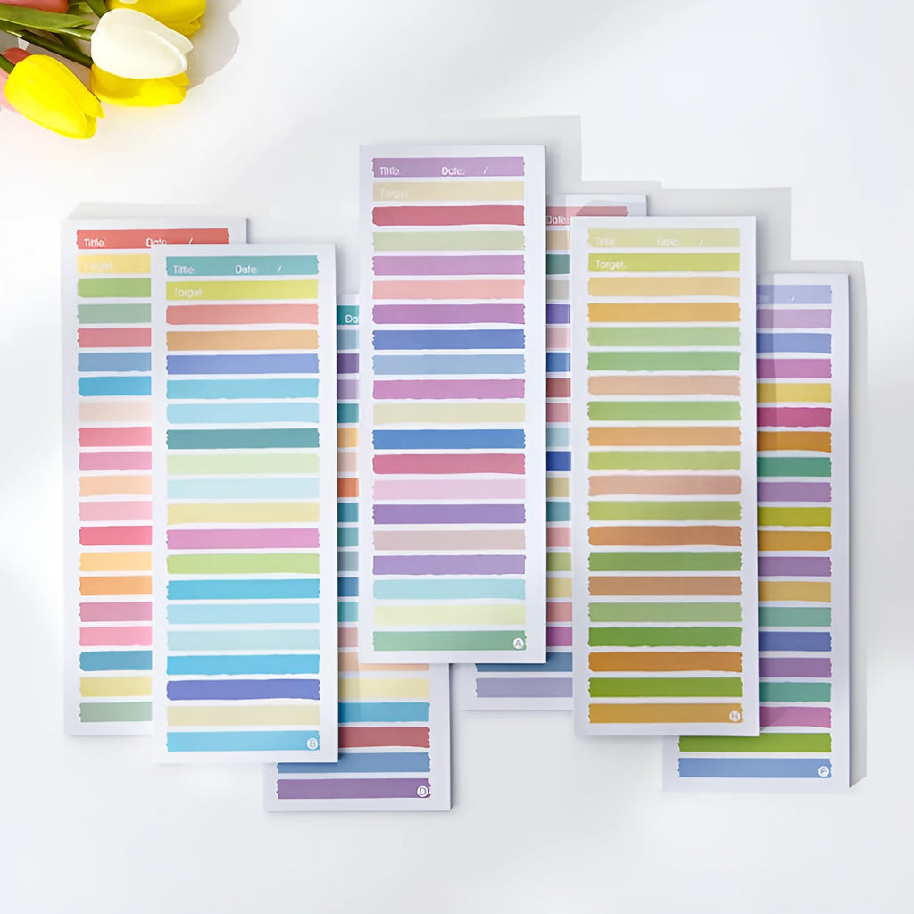 Cartoon student notepad with colourful designs in plastic storage box, 90x248mm size