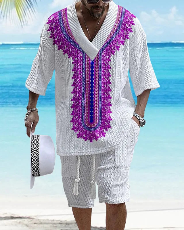 Men's printed drop-shoulder knitted top and shorts suit set in a grey colour.