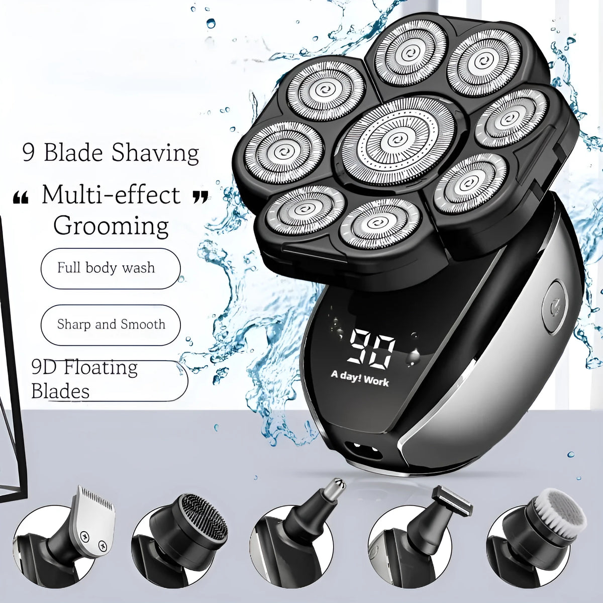 Black rechargeable 6-in-1 haircut suit with hair clipper, shaver, trimmer, and brush attachments