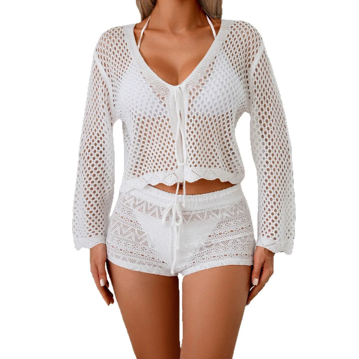 Women's apricot hollow woven cardigan blouse with bell sleeves shown open as a layer