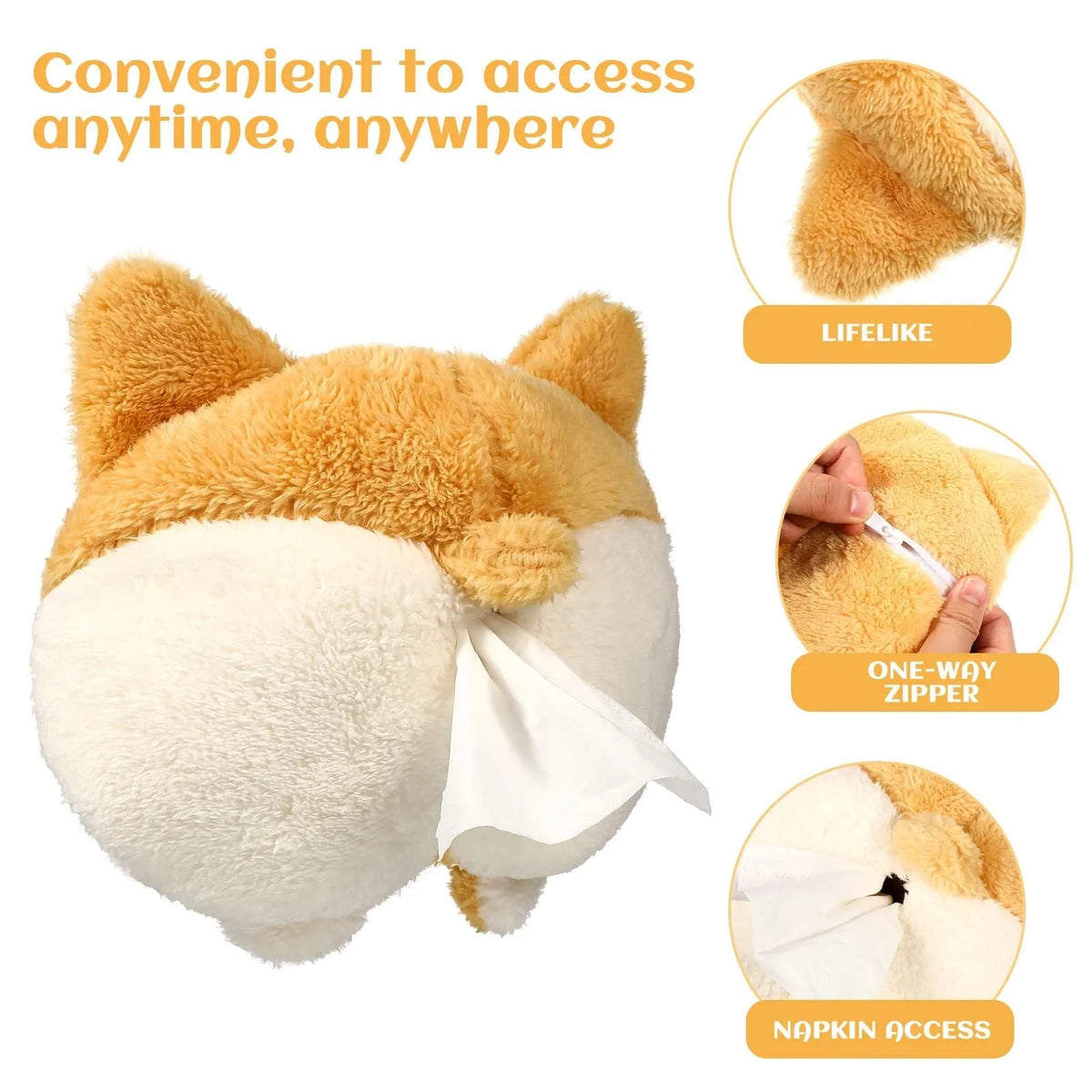 Yellow corgi butt shaped car tissue box cover hanging from a sun visor