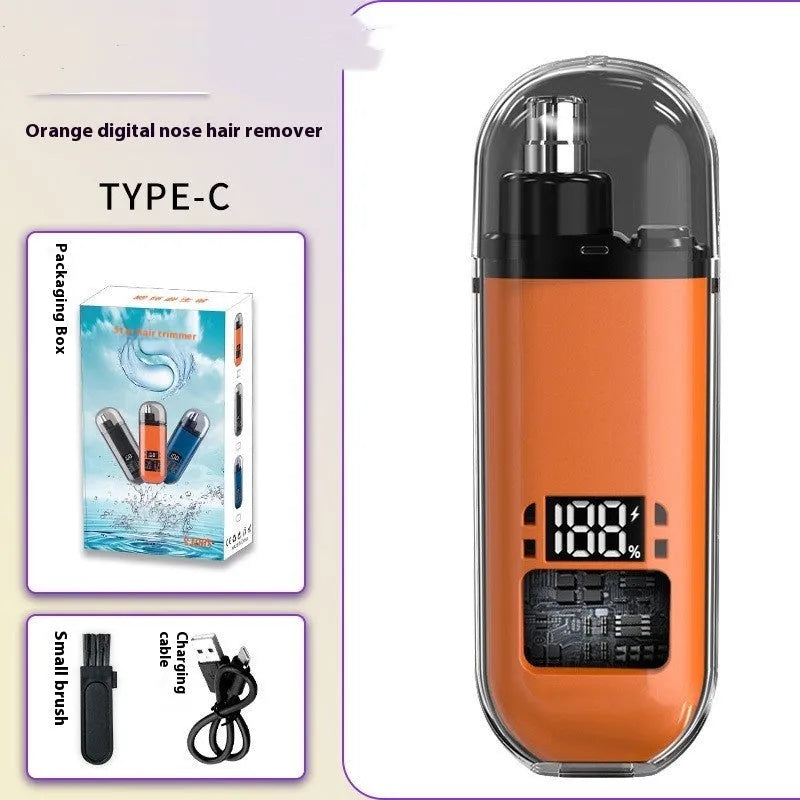 Rechargeable nose hair trimmer with digital display, removable cutter head, and cleaning brush on a white background.