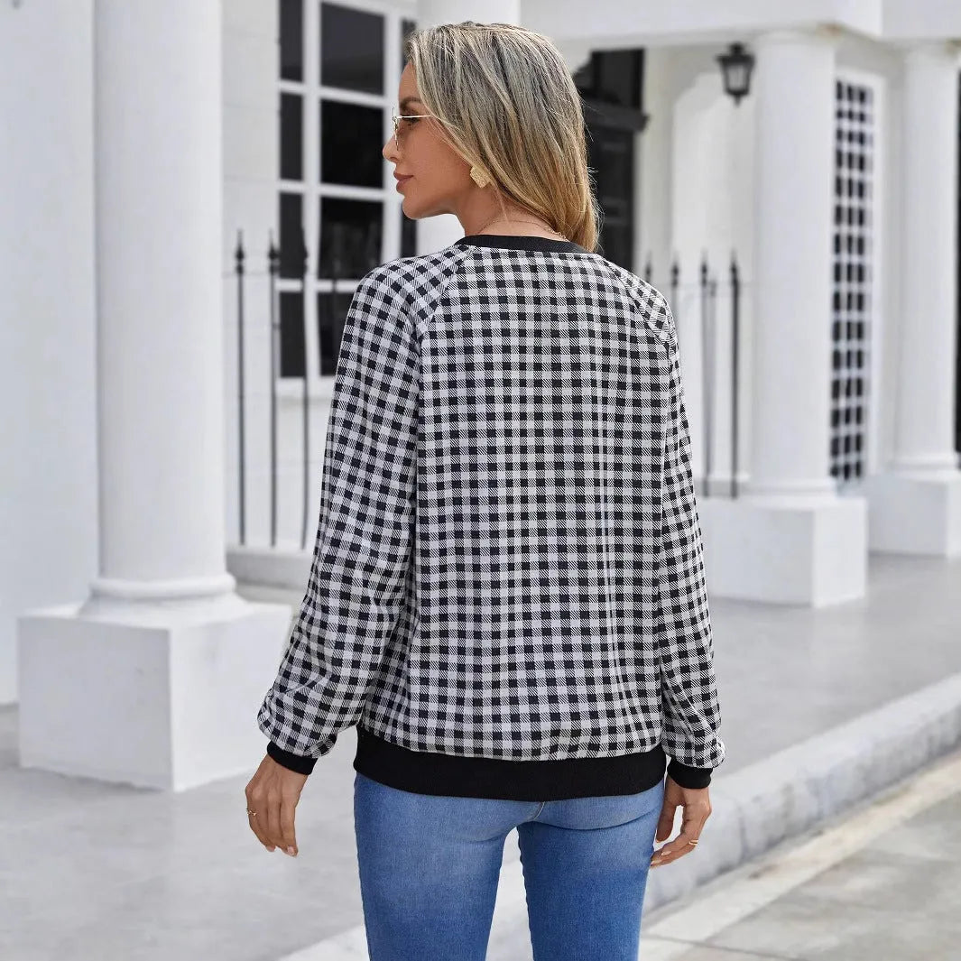 Black Japanese plaid pullover long sleeve sweater with printed pattern