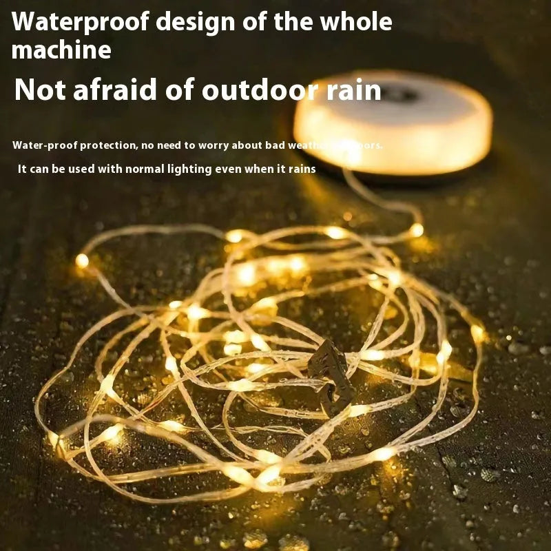 Rechargeable outdoor string lights with 30 LED beads in 8-metre length for camping and garden use