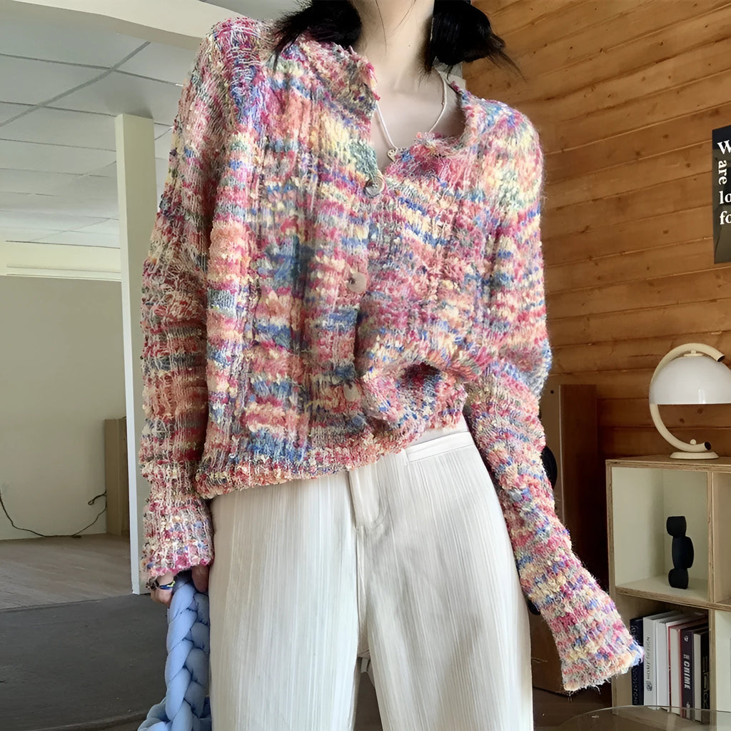 Gentle idle style knitted rainbow cardigan sweater in pink or green colour with slim fit design
