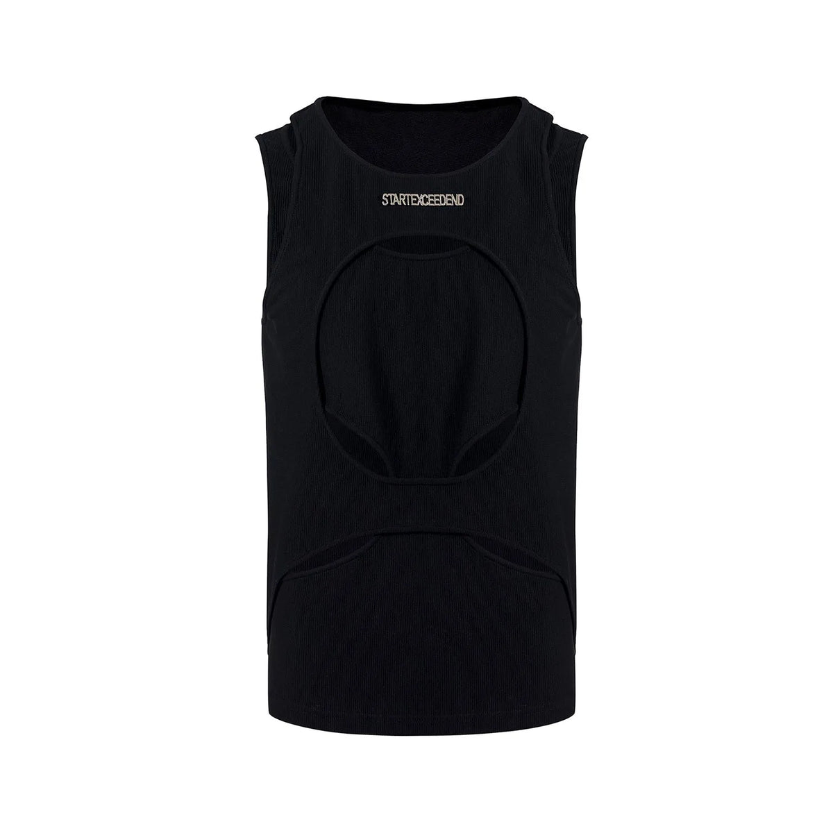 Man wearing a black sleeveless waistcoat with hollow white thread detail and a round neck.