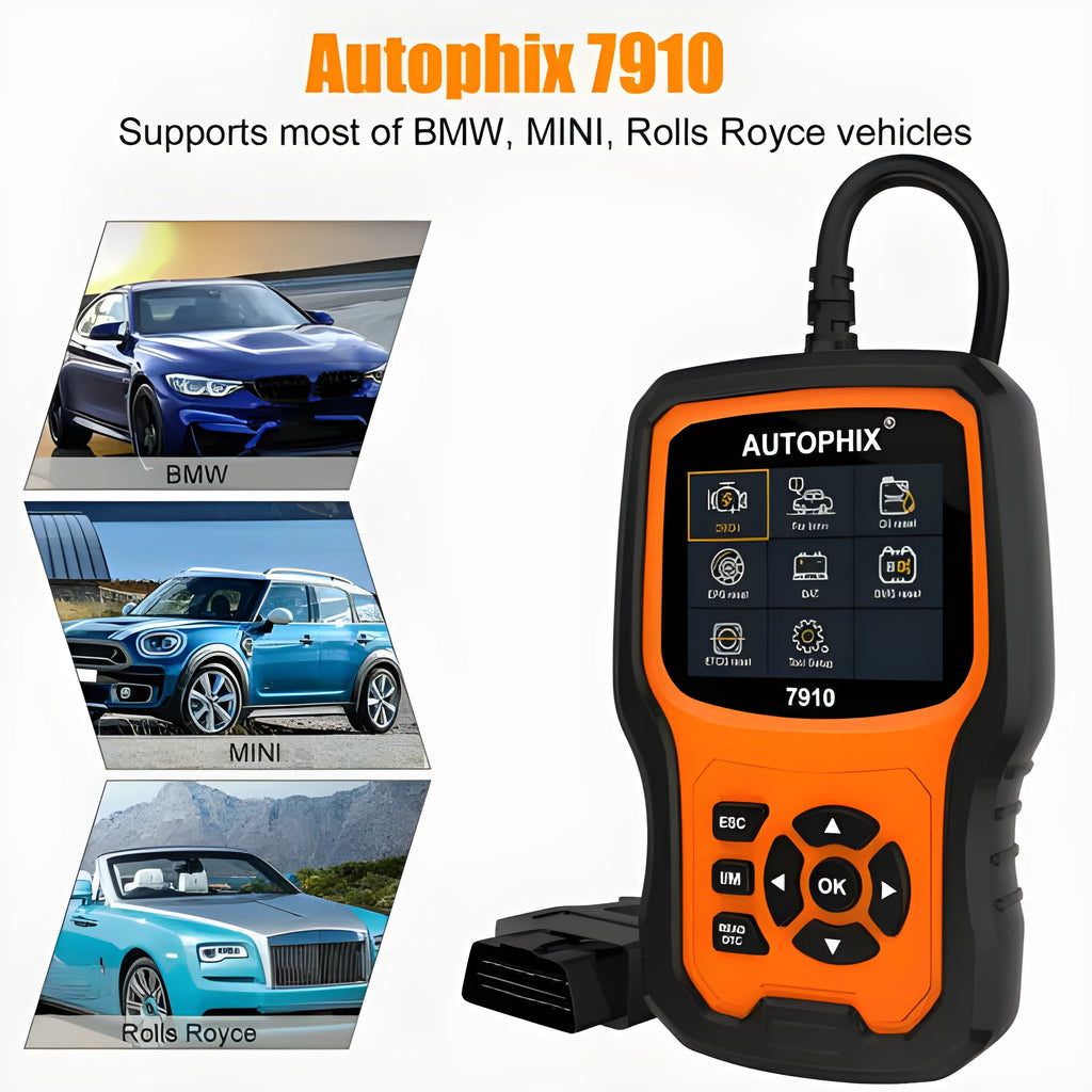 Autophix 7910 BMW diagnostic tool with display showing fault codes and connection cable