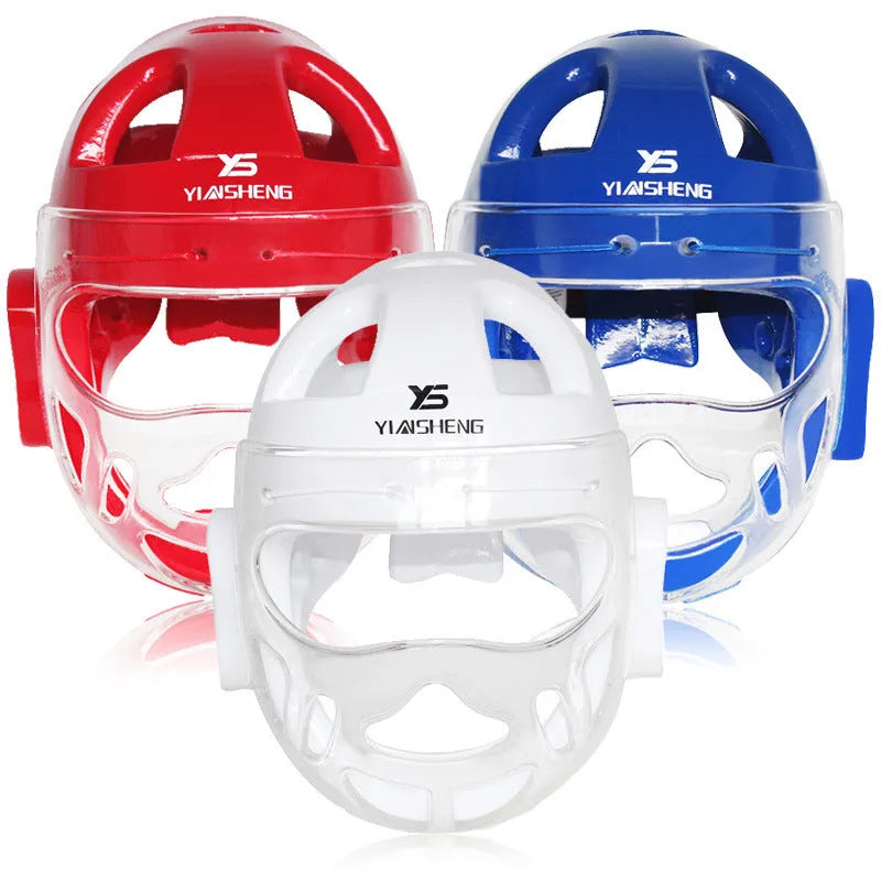Karate helmet protective equipment for boxing in white, blue, or red colours with size options