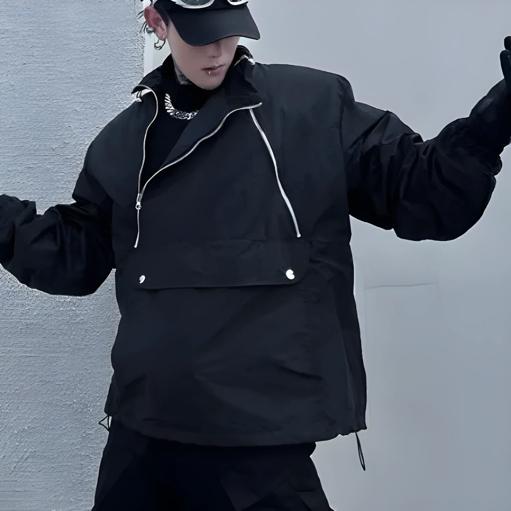 Black double zipper stand collar shell jacket in 100% polyester, men's outerwear, sizes M L XL
