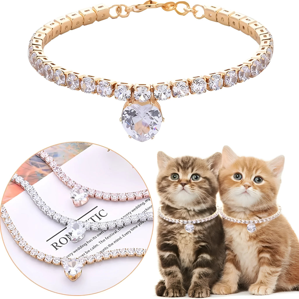 Gold heart-shaped rhinestone dog collar with bling crystals and adjustable extension chain