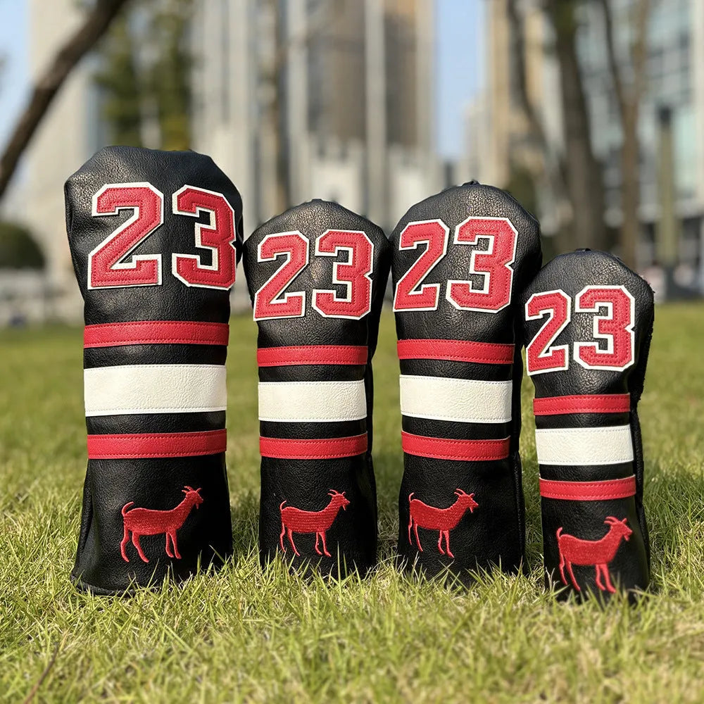 Set of PU golf club head covers in red, black, white, and yellow colours.