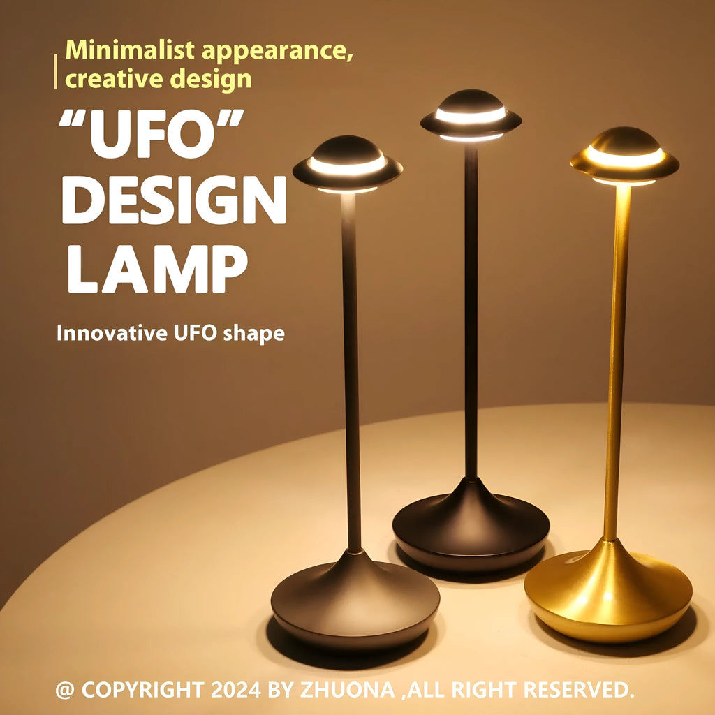Modern metal UFO-shaped desk lamp with touch dimming, shown in grey finish.