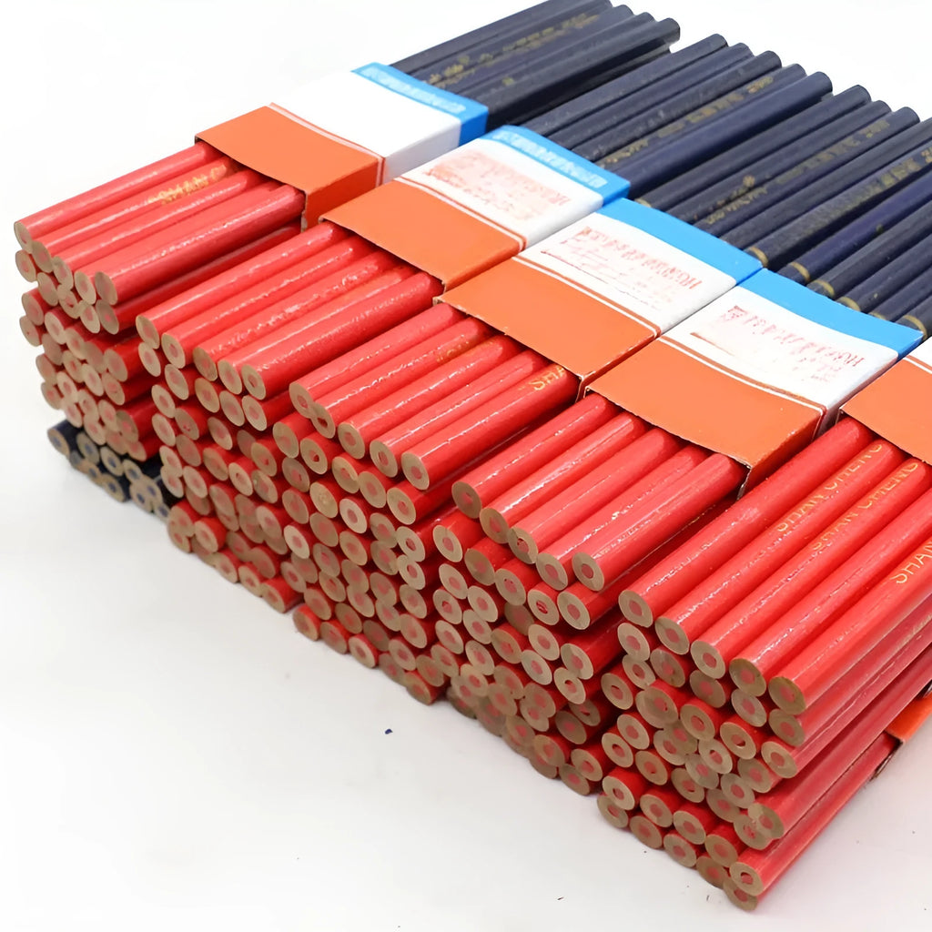 Ten red and blue two-colour round carpenter pencils for woodworking and construction marking