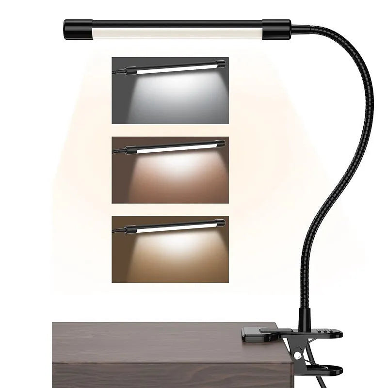 Black and white USB-powered LED desk lamp with 26 cm length for study desks.
