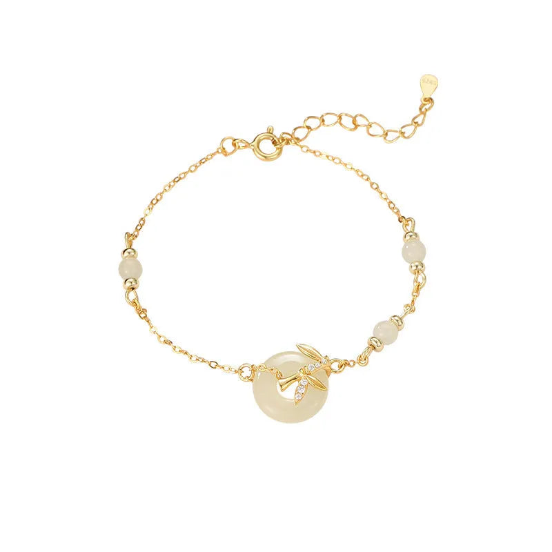 Women's antique-style 925 silver bracelet with Hetian jade and a gold-toned safety buckle clasp.