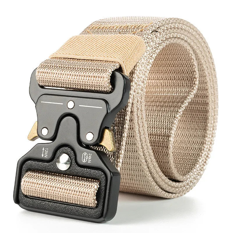 Men's thick woven canvas tactical belt with an alloy release buckle, shown in Army Green colour.