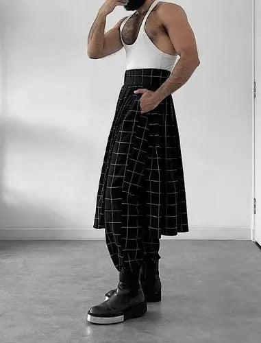 Men's plaid trousers with apron-front design in stretch cotton blend fabric