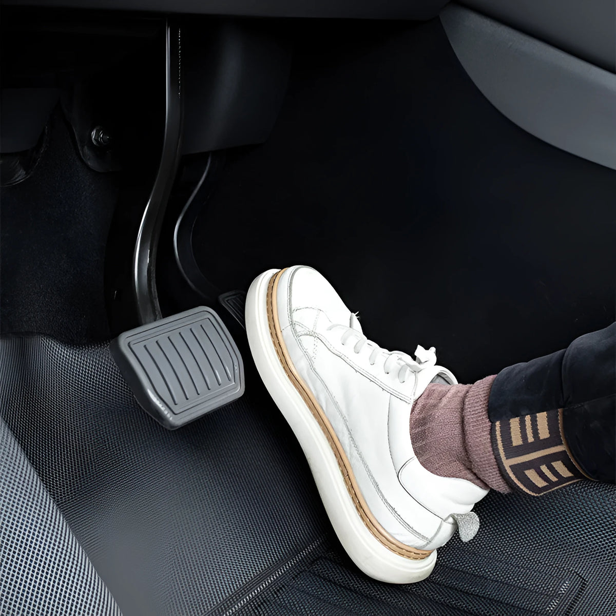 Tesla Model Y custom TPR floor mats showing foot mats, front storage box mat, and tailbox mats
