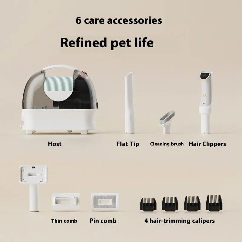 White pet grooming vacuum cleaner with electric shaver attachment and grooming tools