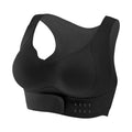 Women's black cross back yoga bra with front buckle closure on a mannequin.