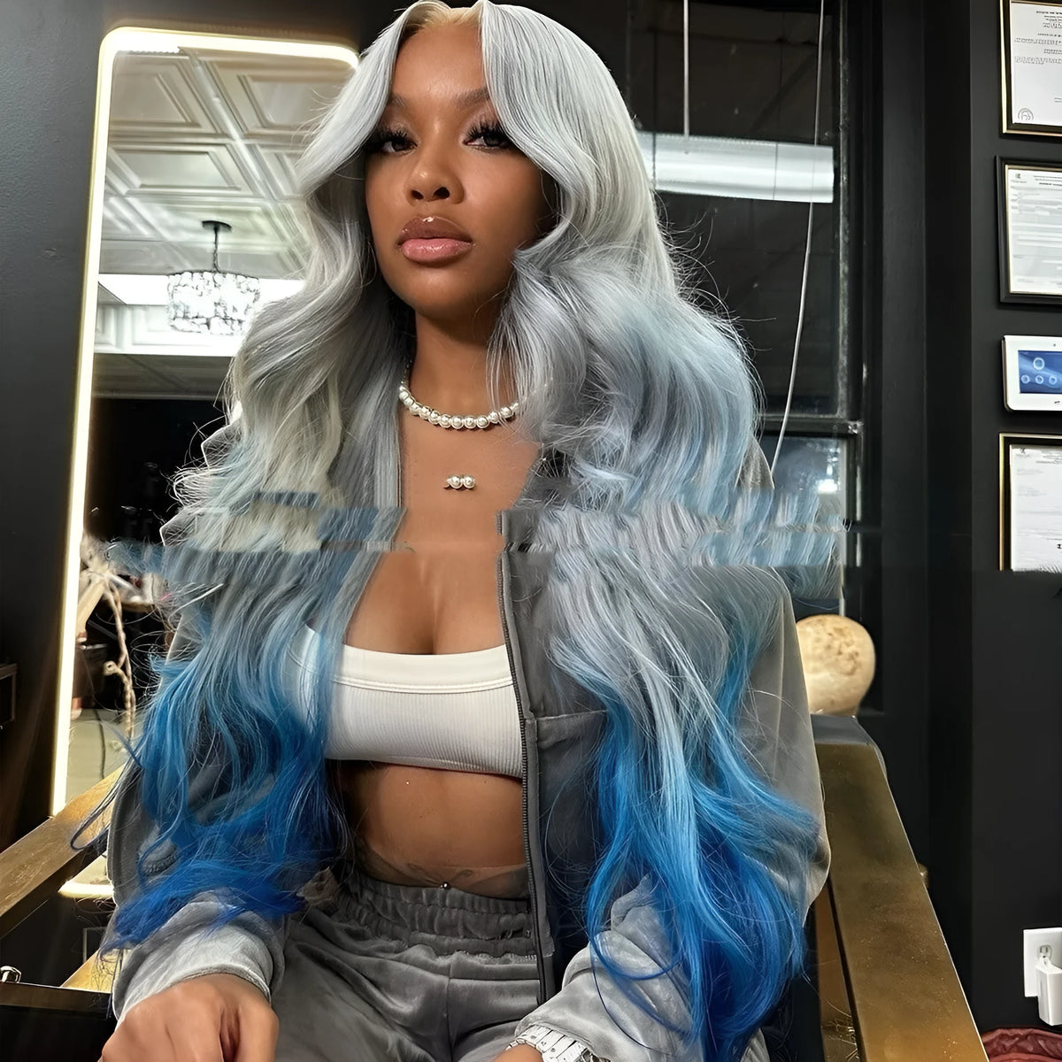 Grey blue gradient human hair lace front wig with natural-looking hairline