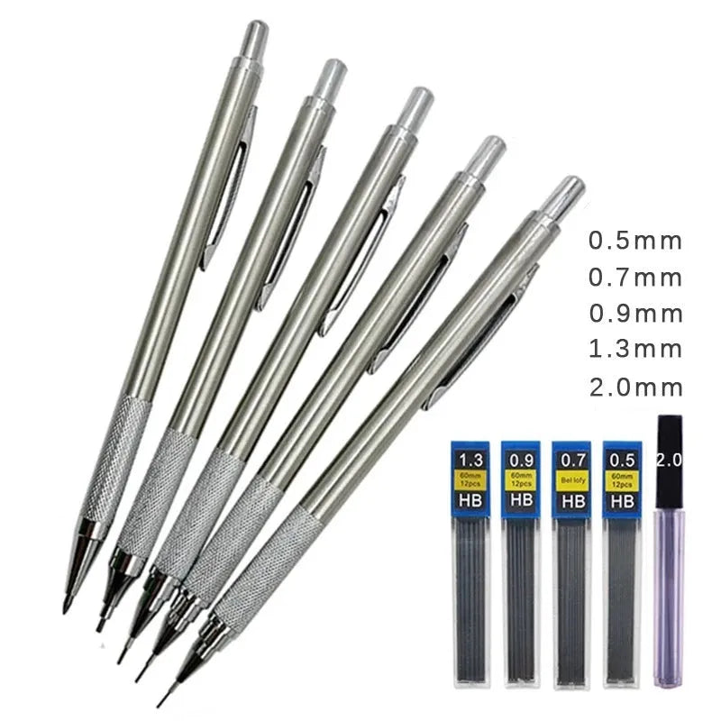 Metal automatic mechanical pencil with multiple lead size options for writing and drawing
