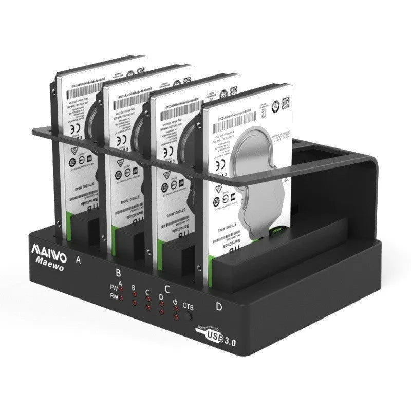 Four-bay external hard drive enclosure for 2.5-inch SATA drives with cables and mounting brackets