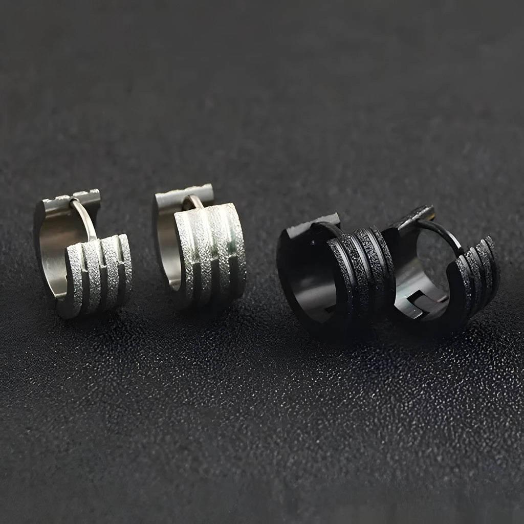 Three-line geometric frosted titanium steel earrings with Korean style electroplated finishes in steel, black or gold