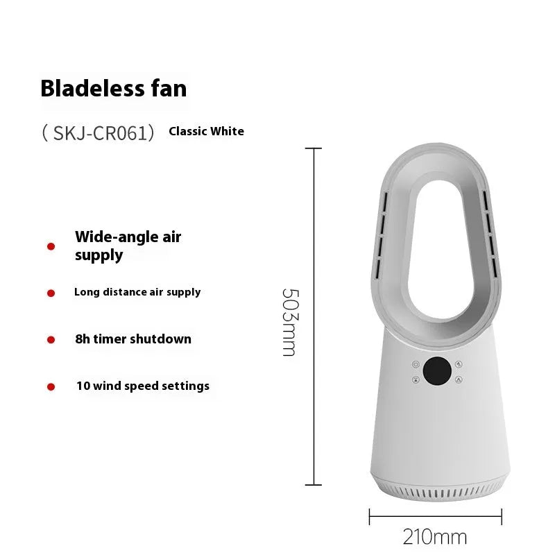 White SK bladeless tower fan with a remote control on a wooden floor next to a desk.