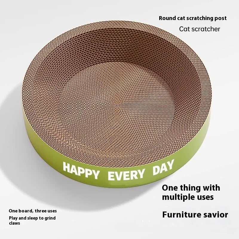 Green round cat scratching board nest with corrugated surface measuring 50cm diameter