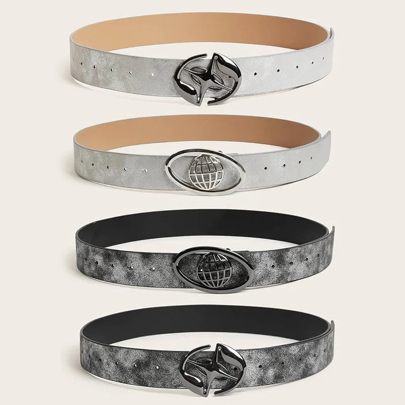 Retro women's belt with oval alloy buckle in thick grey-white PU leather