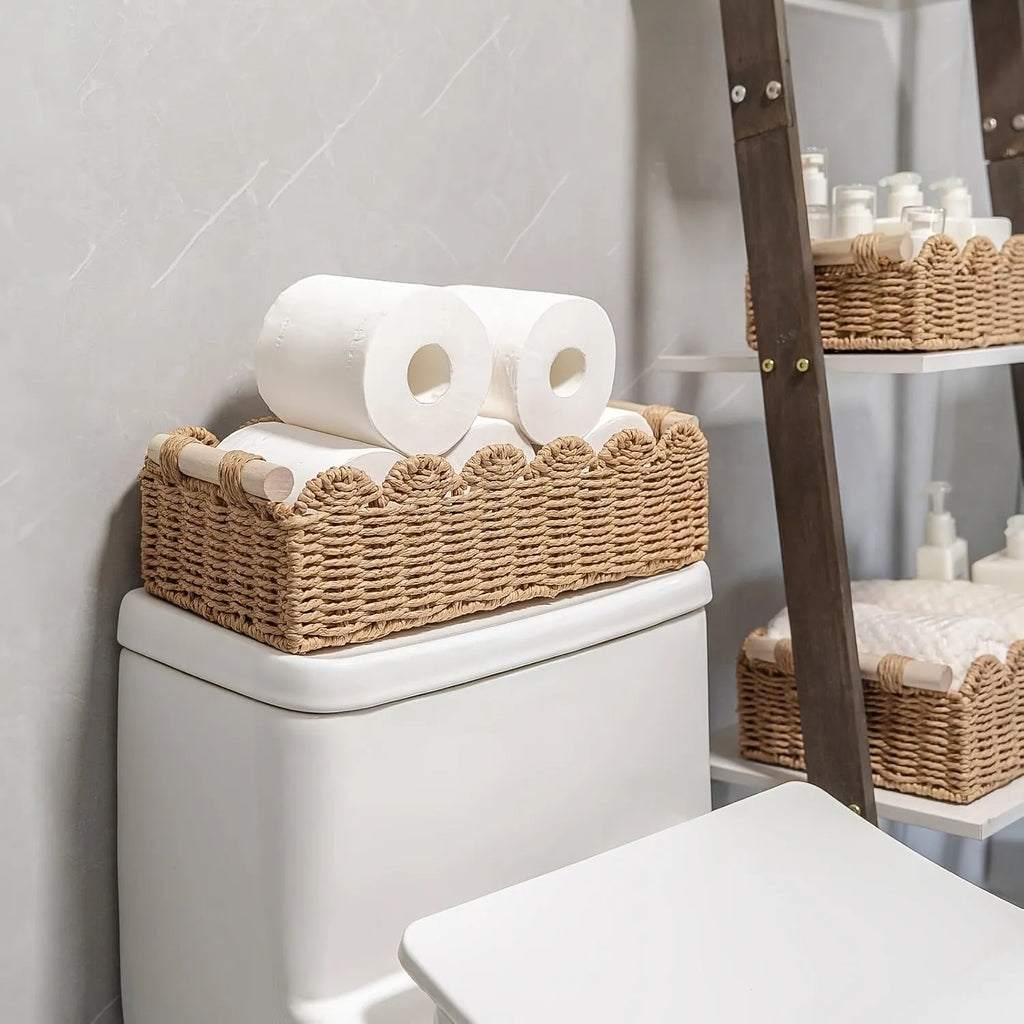 Woven paper storage basket in modern style for organising remote controls stationery cosmetics jewellery on desktop
