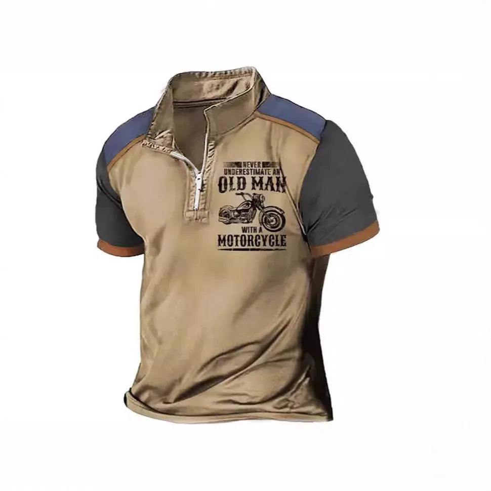 Men's short sleeve polo shirt with digital letter pattern and zipper decoration in polyester fabric