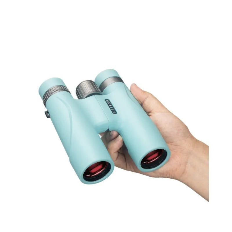 Blue and grey compact 10x32 binoculars showing eyepieces and objective lenses.