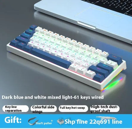 61 key compact mechanical keyboard with multiple colour options including blue-white and dark blue-white orange variants