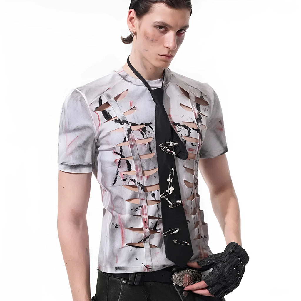 Man modelling a white men's short sleeve cotton t-shirt with a hollow-out cut design on the front.