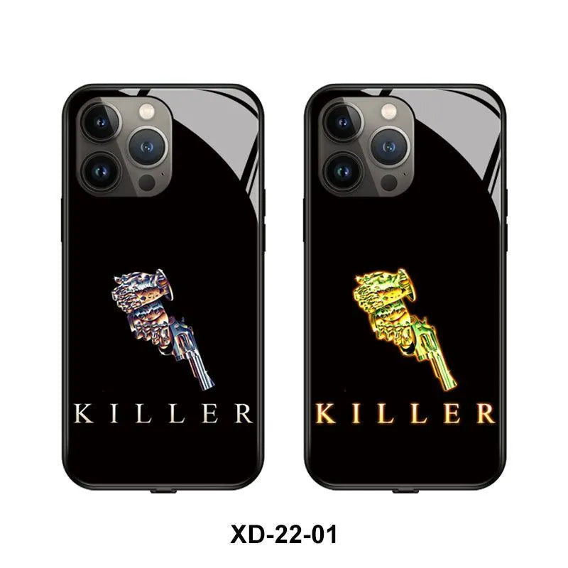 Smart luminous protective phone case for iPhone with glow-in-the-dark design on tempered glass back.