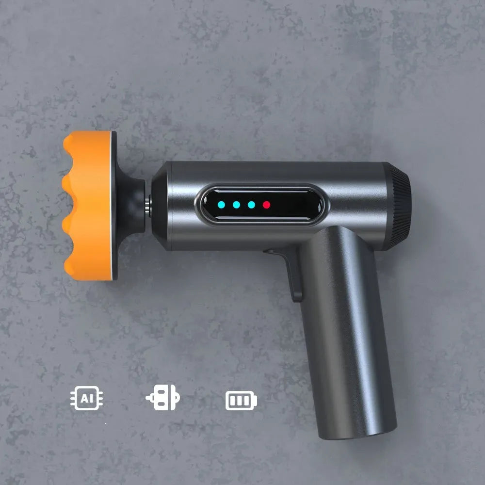 Cordless electric waxing and polishing machine with a white ABS housing and a circular black polishing disc.