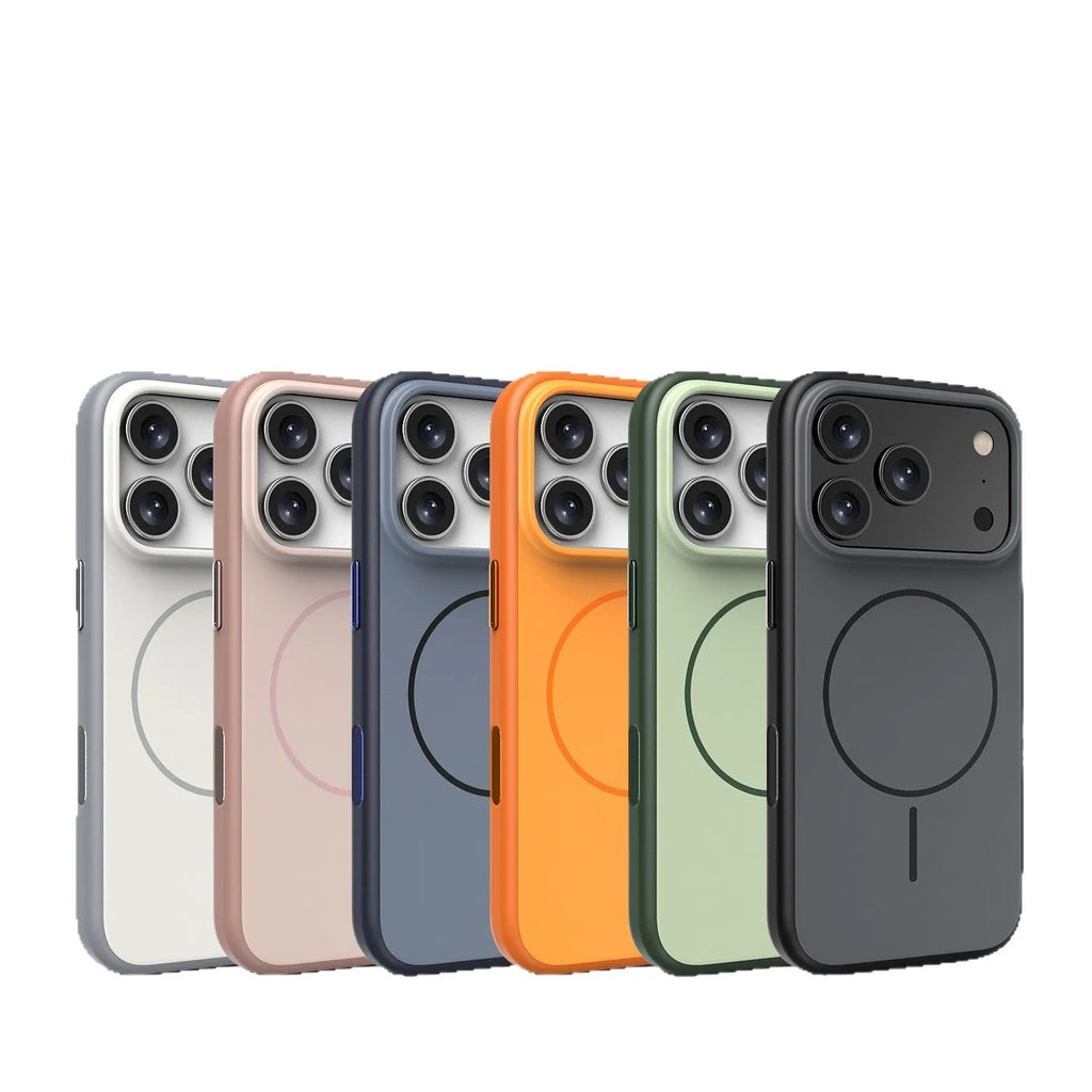 Blue frosted magnetic iPhone case with a contrasting AI camera button on the side.