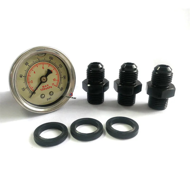 Black CNC aluminium fuel pressure regulator with adjustable 30-70psi range and oil strap for mounting