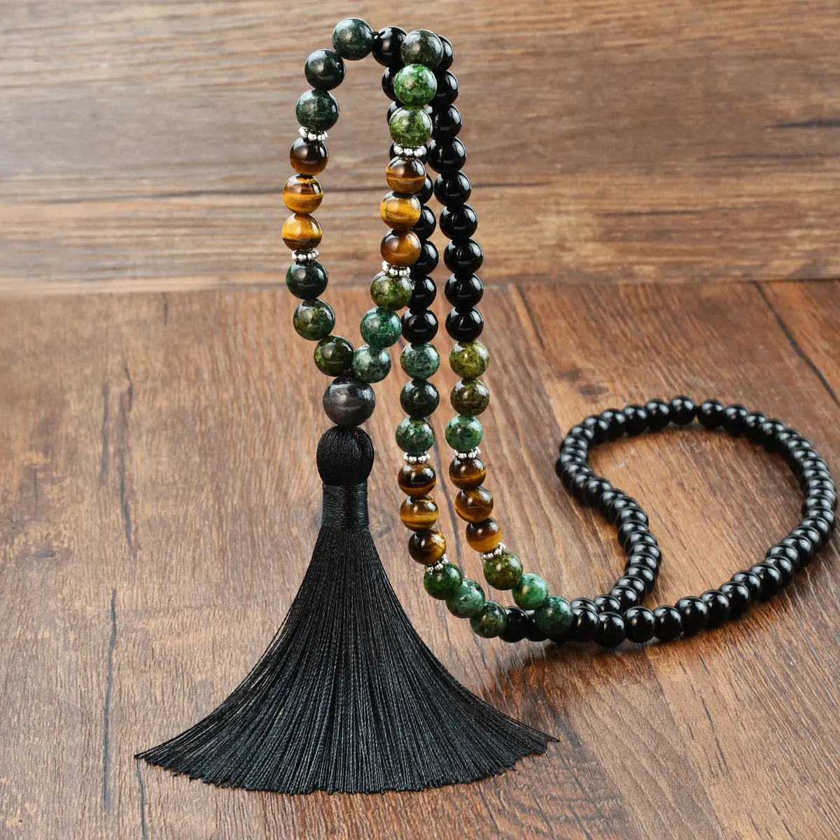 108 natural stone tassel necklace with gemstone pendant on long bead chain