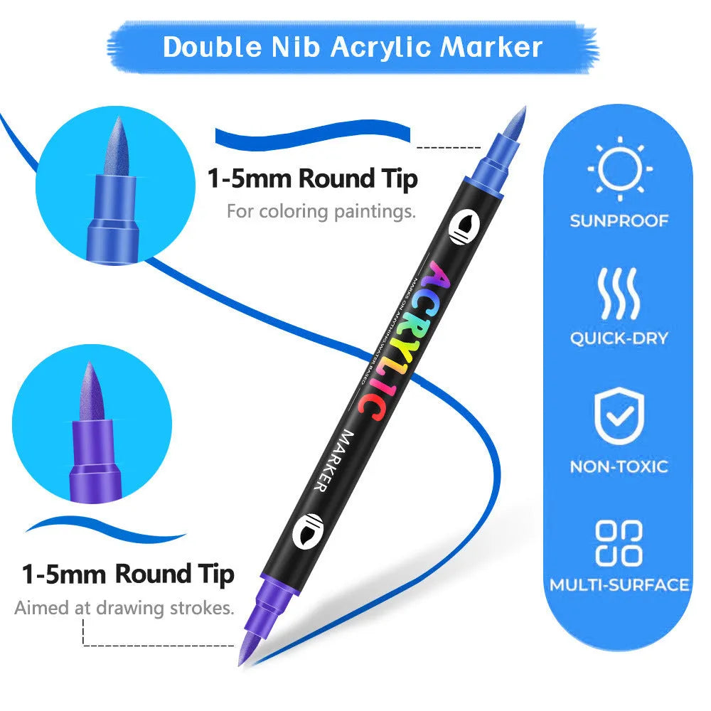 Set of washable double-headed acrylic marker pens with quick-drying opaque colours in plastic casing