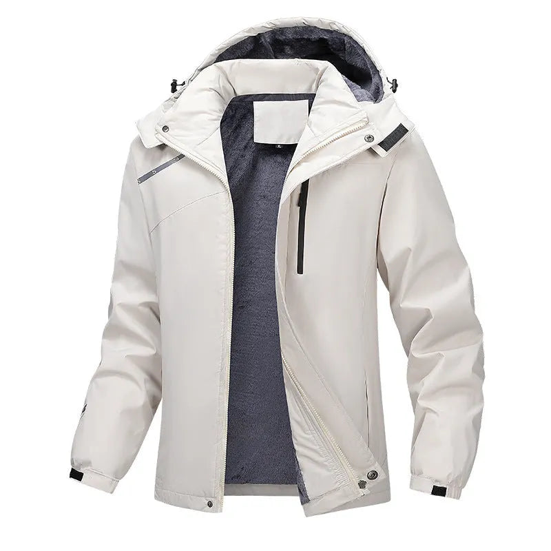 Men's plus size waterproof hooded coat in loose fit, shown in army green colour