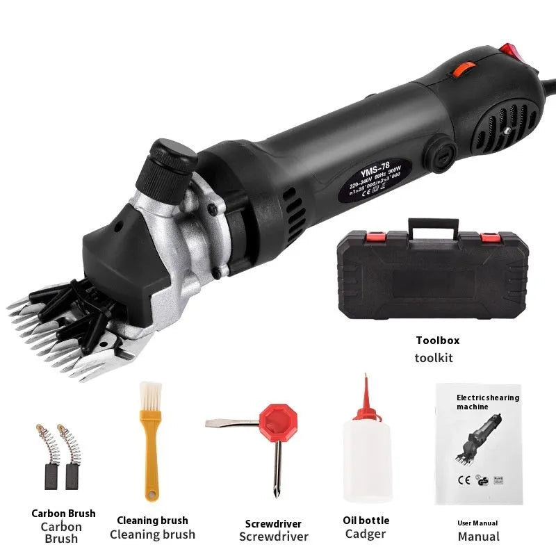 Yellow electric wool shearing machine with 110V plug and multiple blade sets in plastic storage box