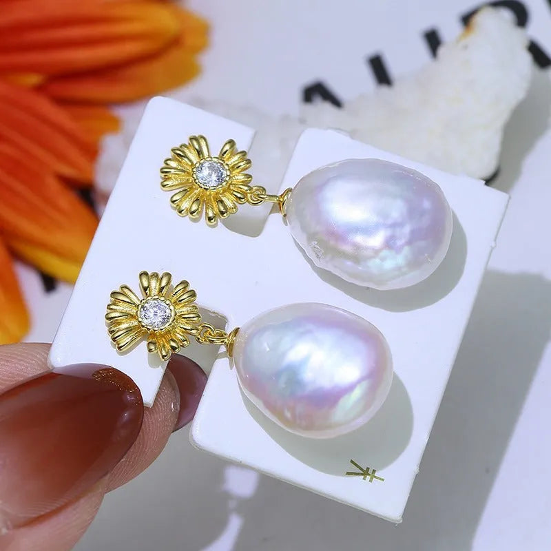 Baroque sterling silver flower earrings with ring holder frame in gold or silver colour options