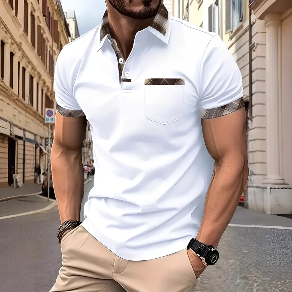 Men's loose fit plaid colourblock T-shirt with short sleeves and zipper decorations