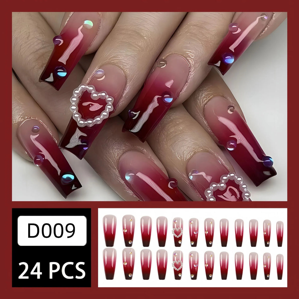 Pearl heart wine red gradient fake nail tips with plaid pattern and jelly glue