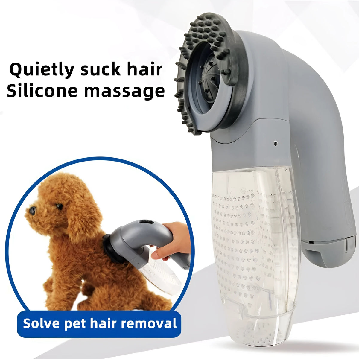 Grey portable electric pet hair vacuum cleaner with grooming brush.