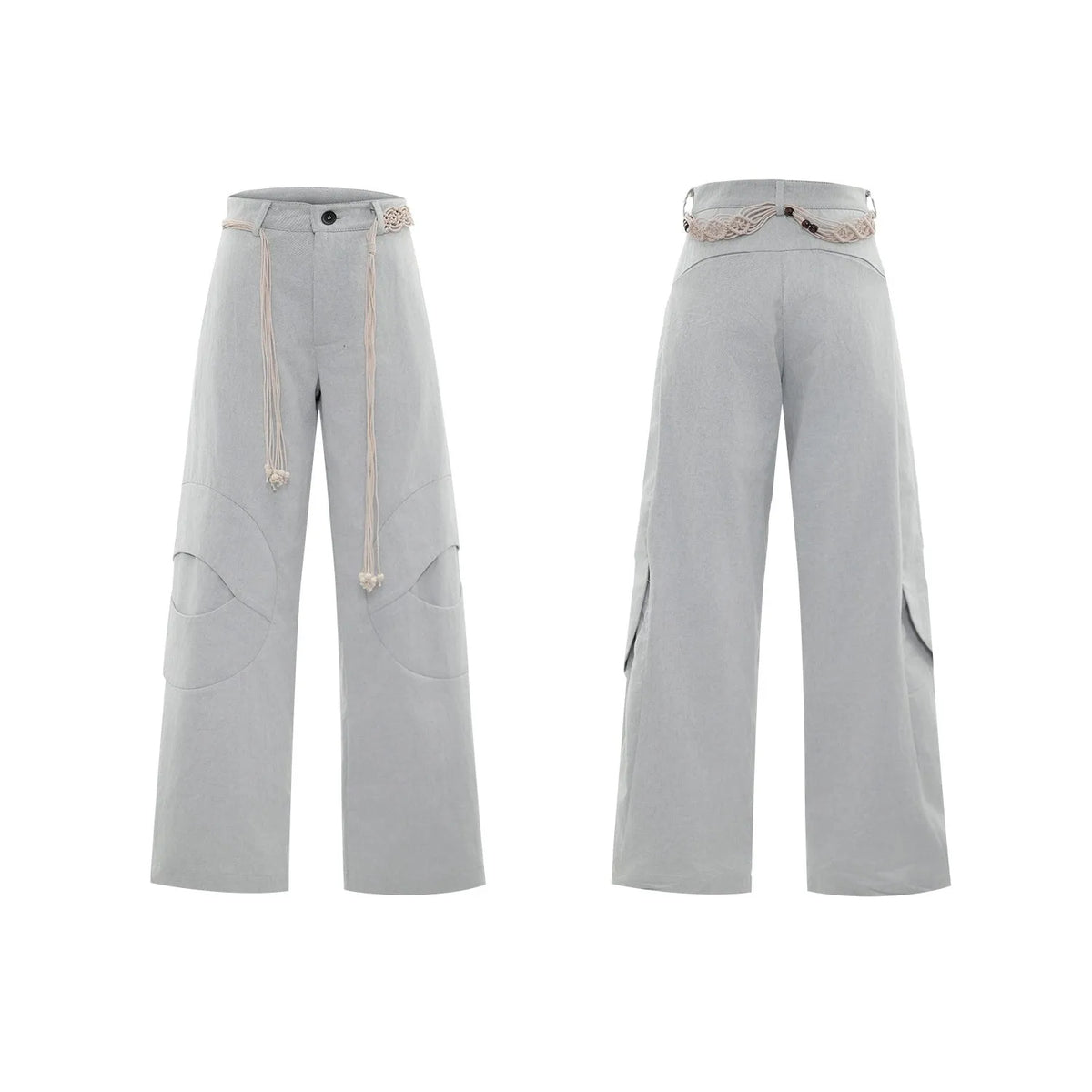 Men's dark blue loose straight-leg jeans with 3D cutting, heavy belt stitching, and pocket tassel details.