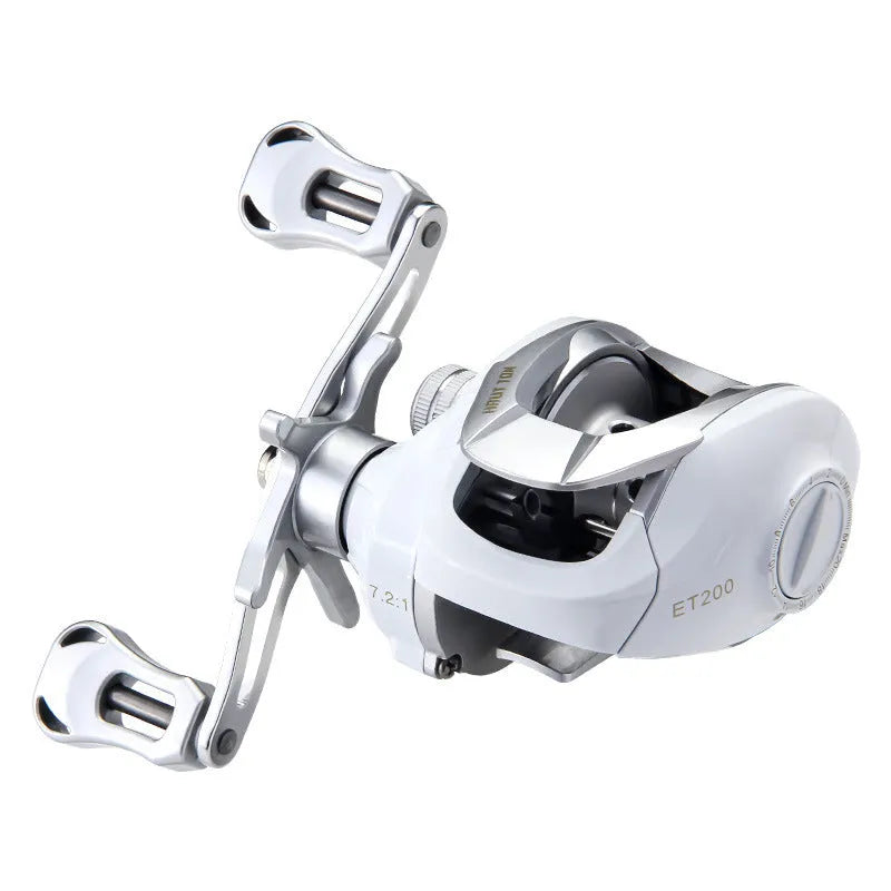 Small white micro bait casting fishing reel with drip wheel on a rod.